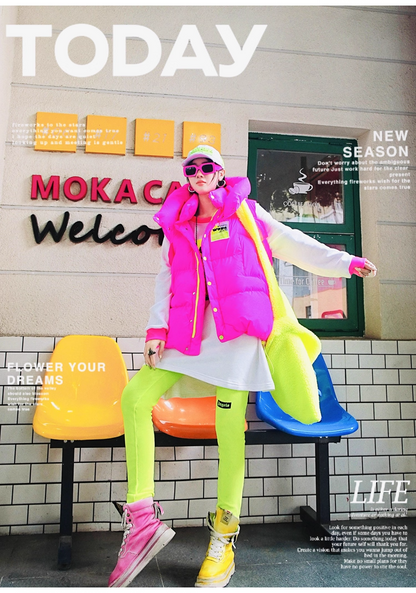 Neon Green Letter Patch Fleece Leggings X3412