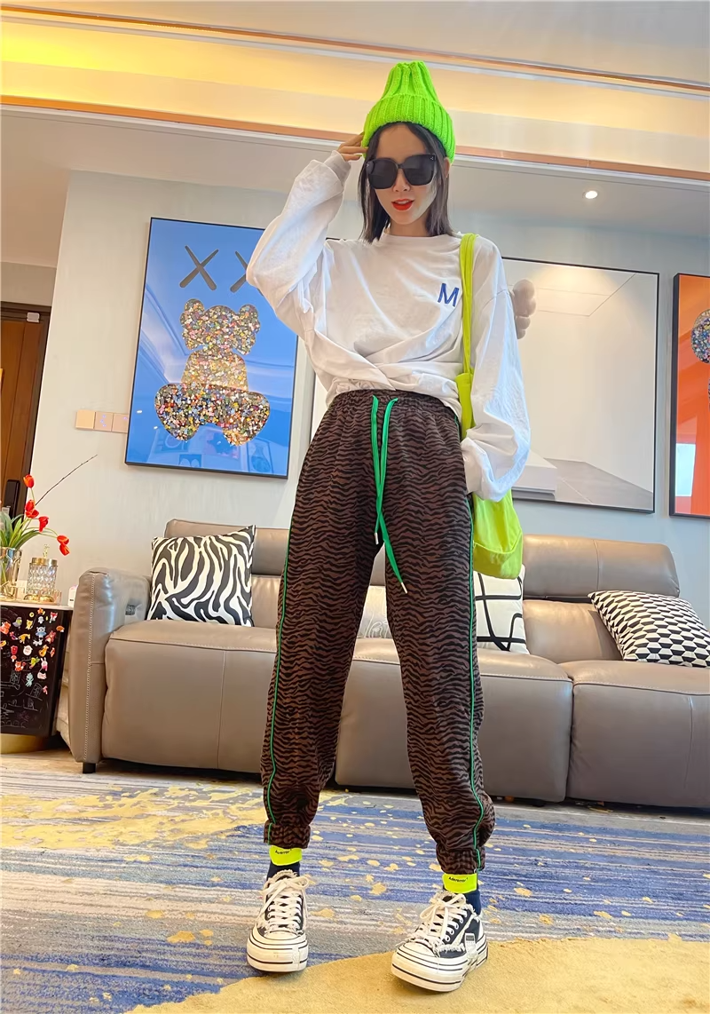 秋季豹紋高腰修身抽繩慢跑運動褲 X3501