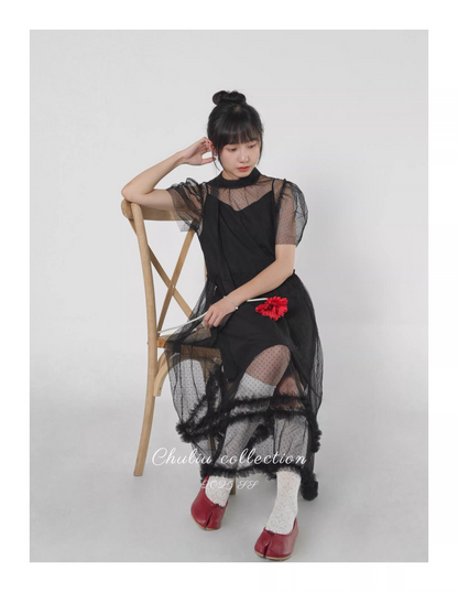Polka Dot Tulle Puff Sleeve Dress 2-Piece Set　X3526