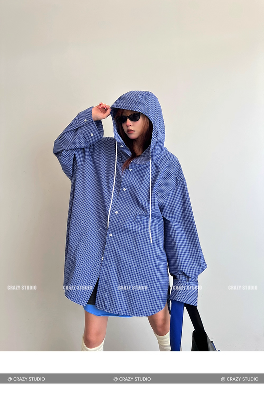 Street Style Plaid Hooded Oversized Drawstring Shirt Jacket　X3336