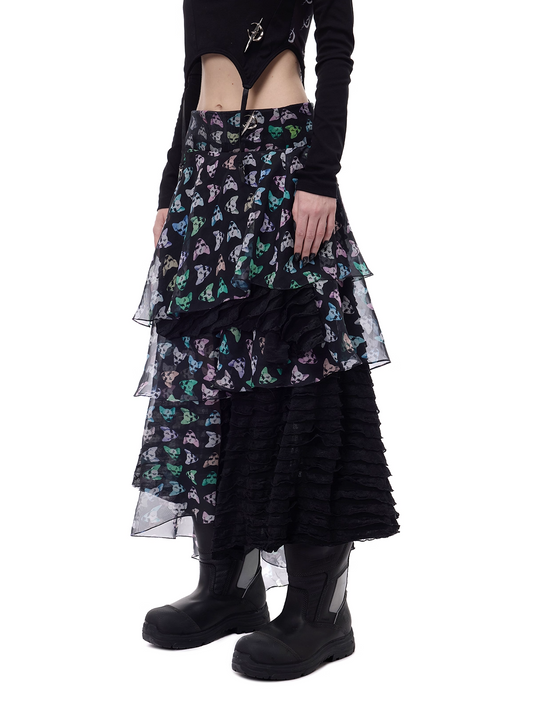 Cat Motif Print Black Metal Tulle Layered Long Skirt　X3489