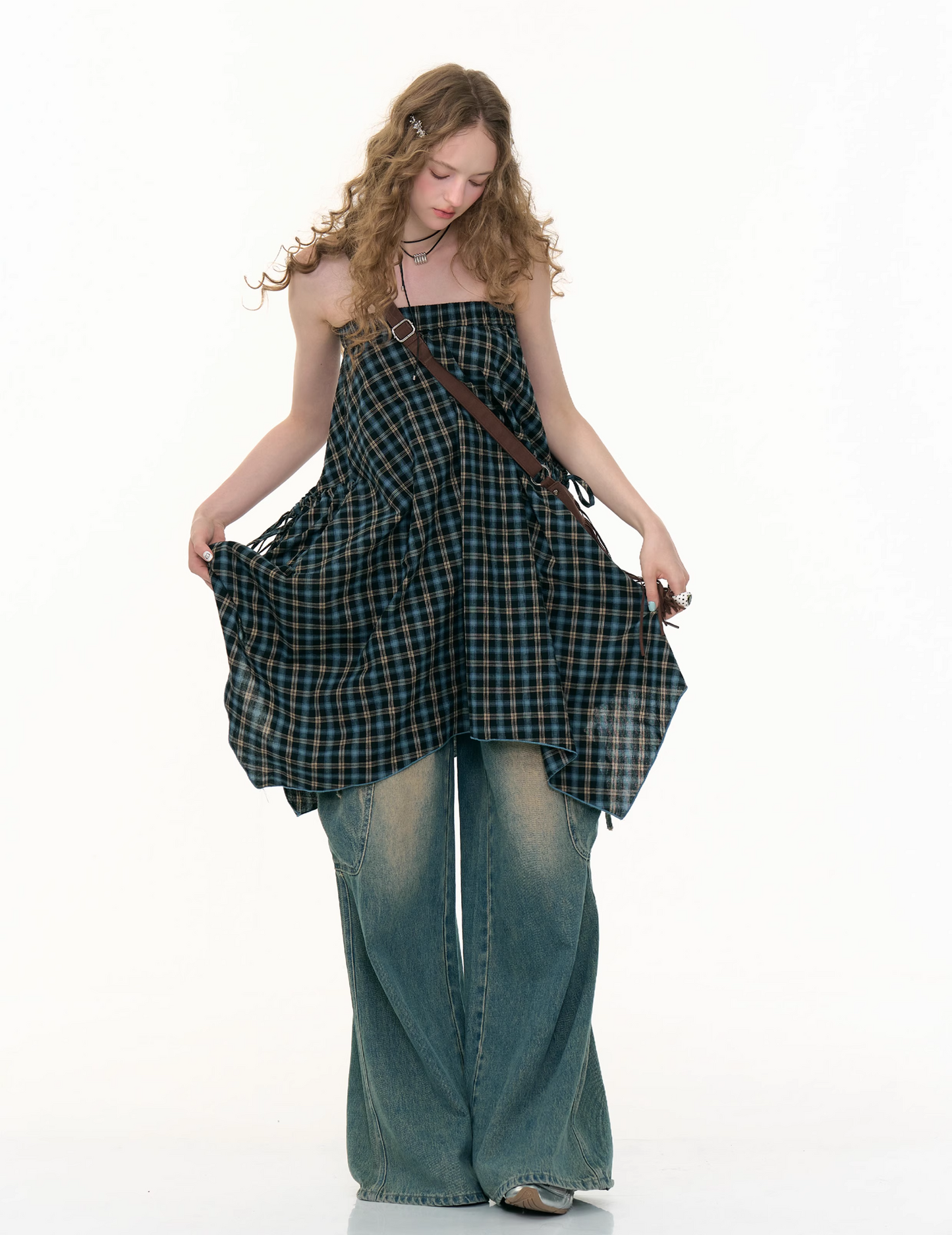 Blue Check High Waist Asymmetrical Skirt　X3384