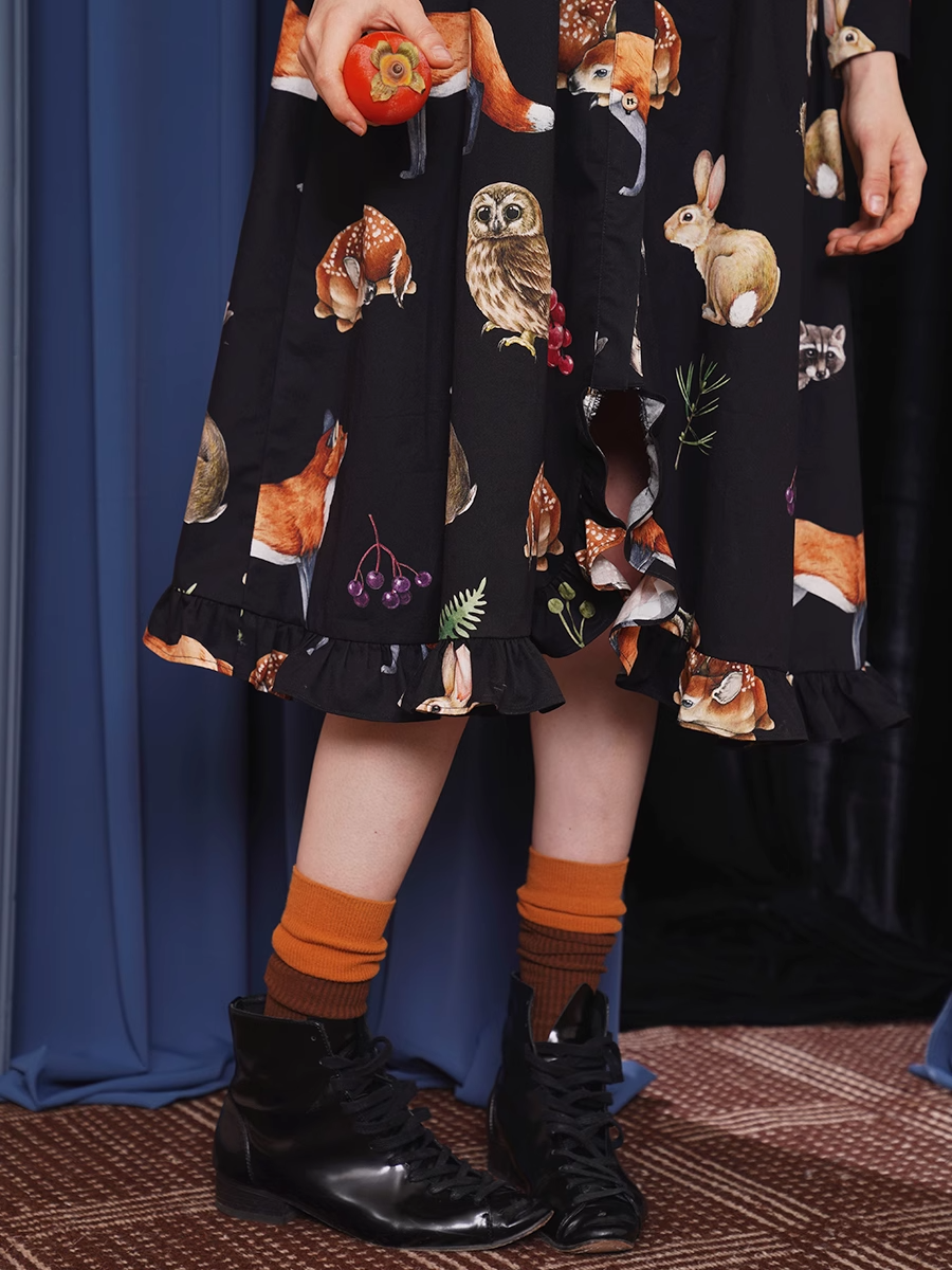 Vintage Animal Illustration Print Long Dress　X3348
