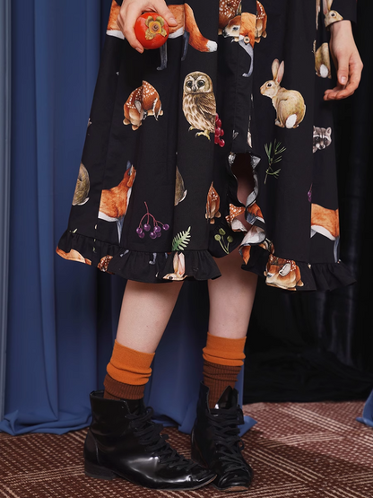 Vintage Animal Illustration Print Long Dress　X3348