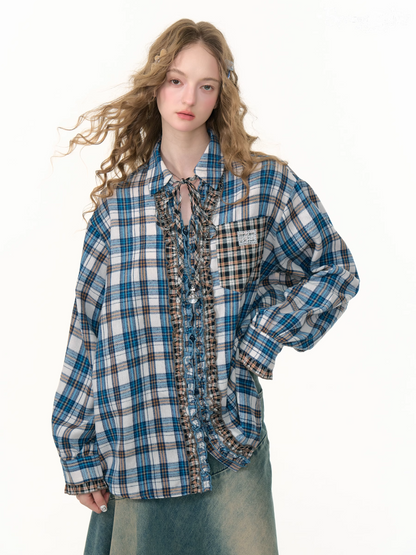 Vintage Check Frill Blouse　X3382