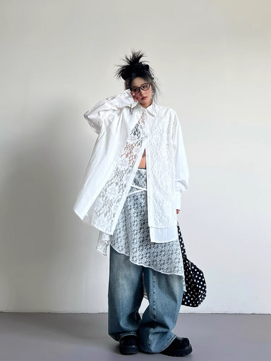 White Lace Panelled Layered-Style Long Sleeve Shirt　X3340