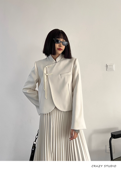 White Chinese-Style Blazer/Pleated Skirt Set　X3341