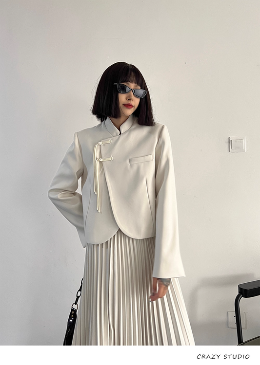 White Chinese-Style Blazer/Pleated Skirt Set　X3341