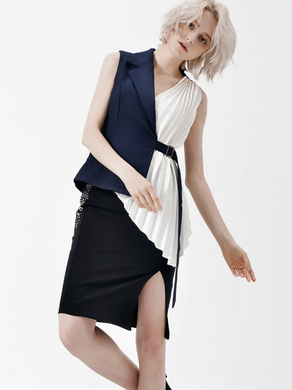 Asymmetrical pleated design vest X2714