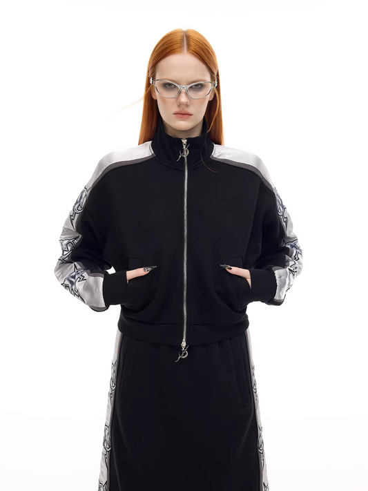 Mirror Graphic Sleeve Panel High-Neck Cropped Jacket　X3490