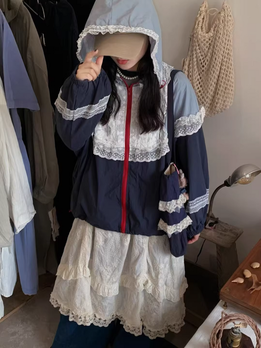 Mori Girl Style Lace Trim Loose Hoodie Jacket　X3362