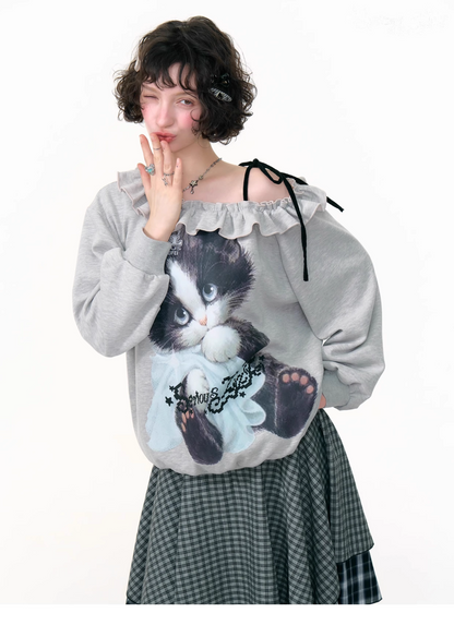 Cat Print One-shoulder Sweatshirt　X3386