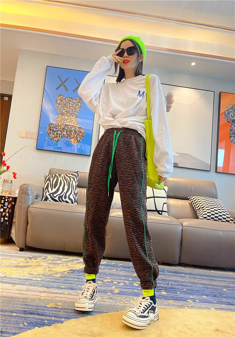 秋季豹紋高腰修身抽繩慢跑運動褲 X3501