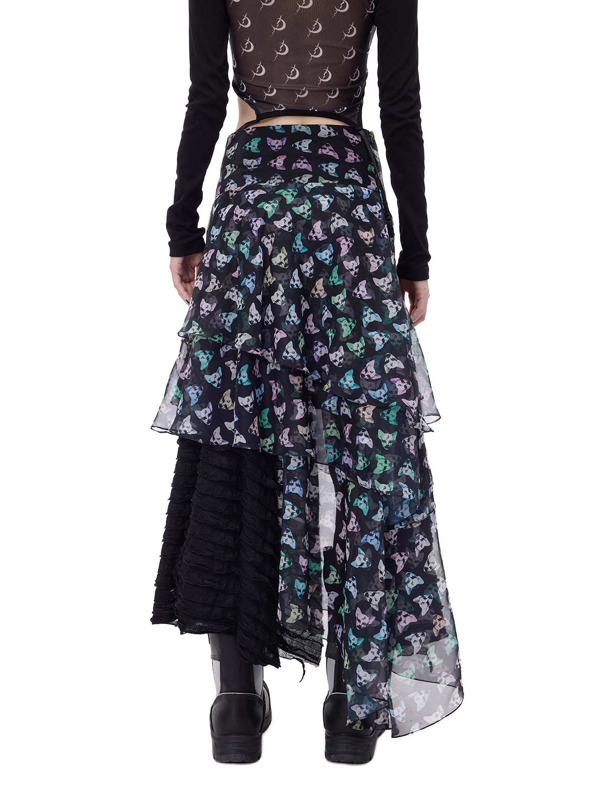 Cat Motif Print Black Metal Tulle Layered Long Skirt　X3489