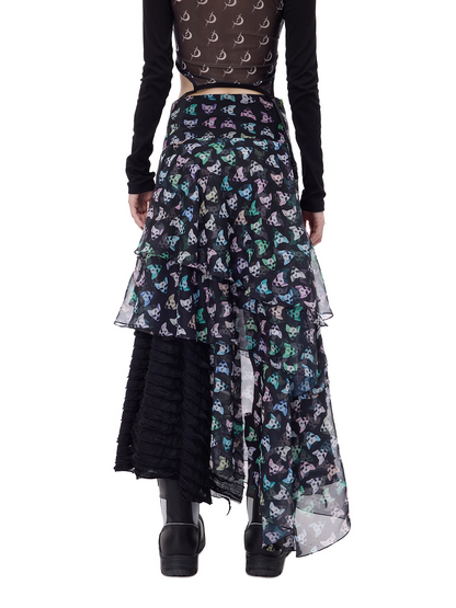 Cat Motif Print Black Metal Tulle Layered Long Skirt　X3489