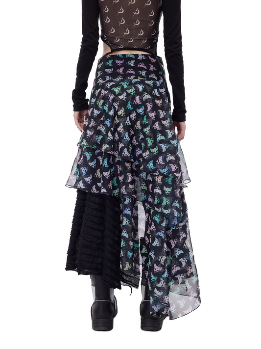 Cat Motif Print Black Metal Tulle Layered Long Skirt　X3489
