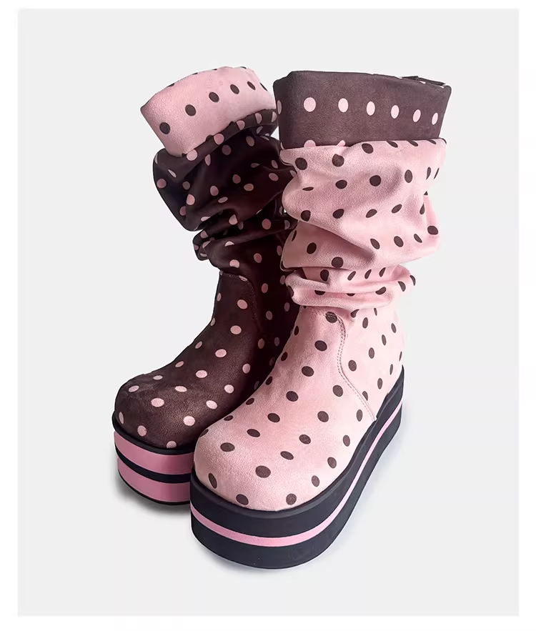 Polka Dot Platform Slouchy Mid Boots　X3524