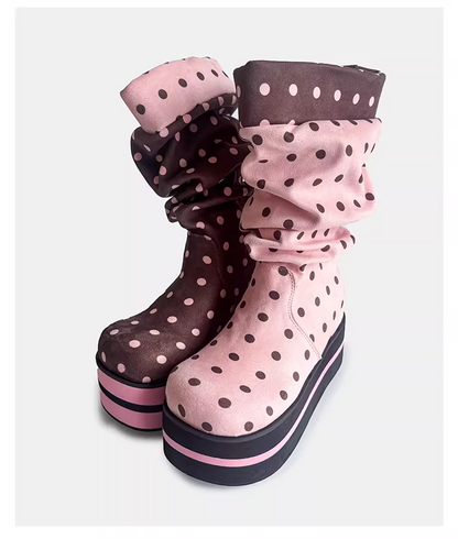 Polka Dot Platform Slouchy Mid Boots　X3524