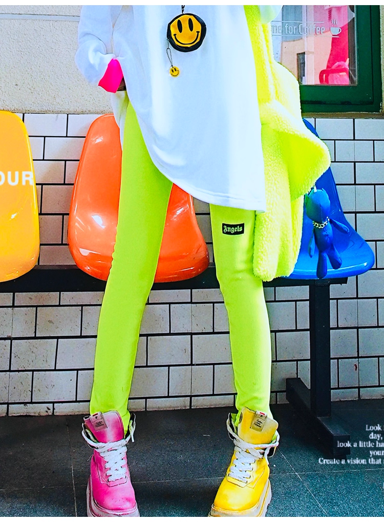 Neon Green Letter Patch Fleece Leggings X3412