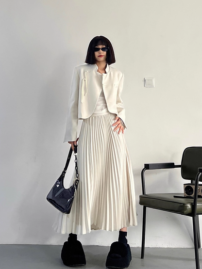 White Chinese-Style Blazer/Pleated Skirt Set　X3341