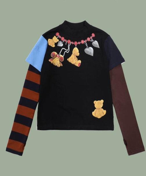 Cute stripe bear necklace print shirt　X3080