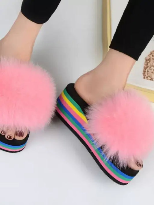 Faux Fur Platform Open Toe Sandal　X2755