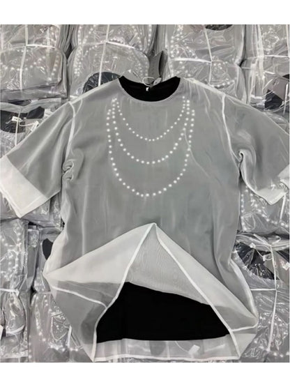 Sheer pearl necklace print T-shirt X2689