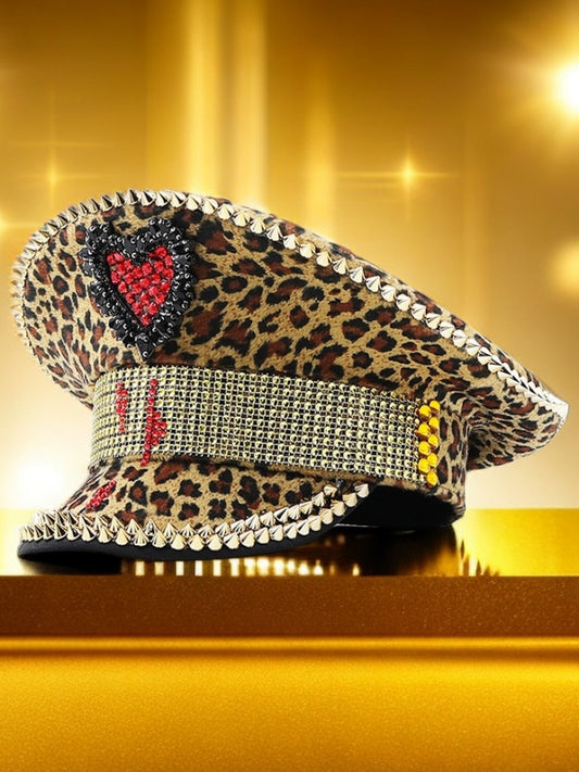 Studded Decorated Leopard Flat Top Hat X2917