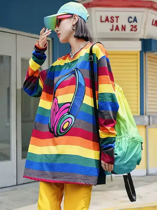 Colorful Rainbow Stripe Headphone Pattern Print Long Sleeve Round Neck Long T Pullover T-Shirt Bottoming Shirt X2861