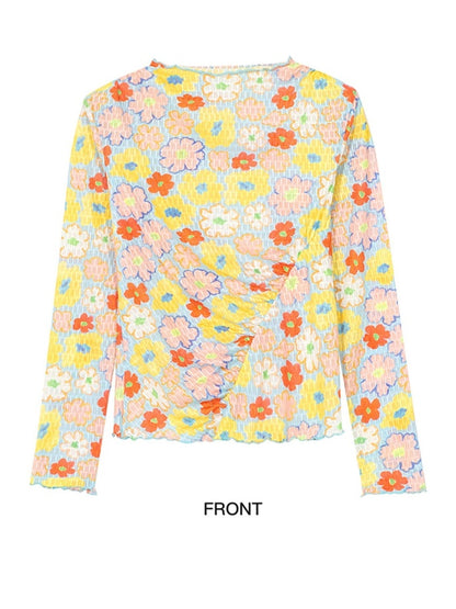 Flower Check Pattern Layered Mesh O-Neck Long Sleeve Bottoming Shirt T-Shirt Pullover X2853