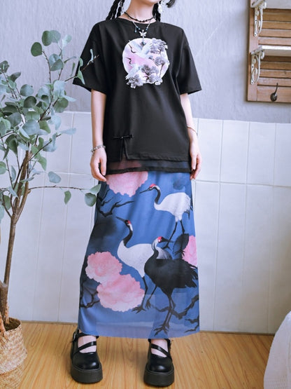 Crane motif long skirt X2780