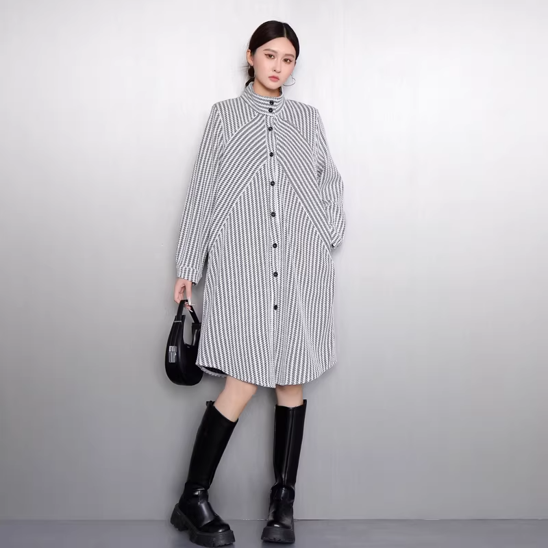 Striped Stand-Collar Long Shirt Dress X3521