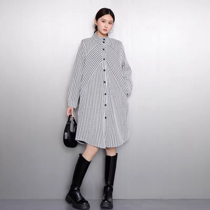 Striped Stand-Collar Long Shirt Dress X3521