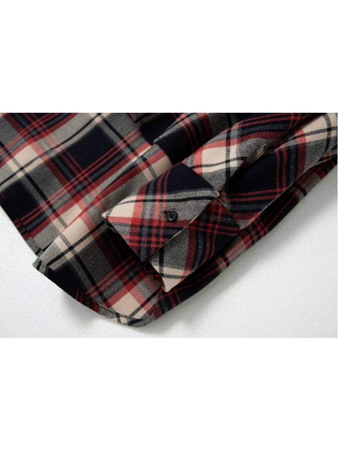 Fake two-piece check pattern shirt X2783