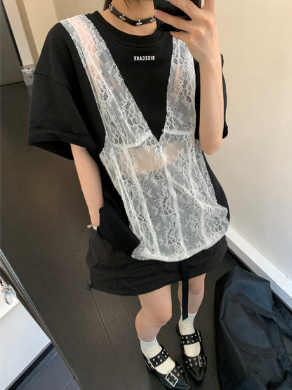 Cut-off mesh design T-shirt X2795