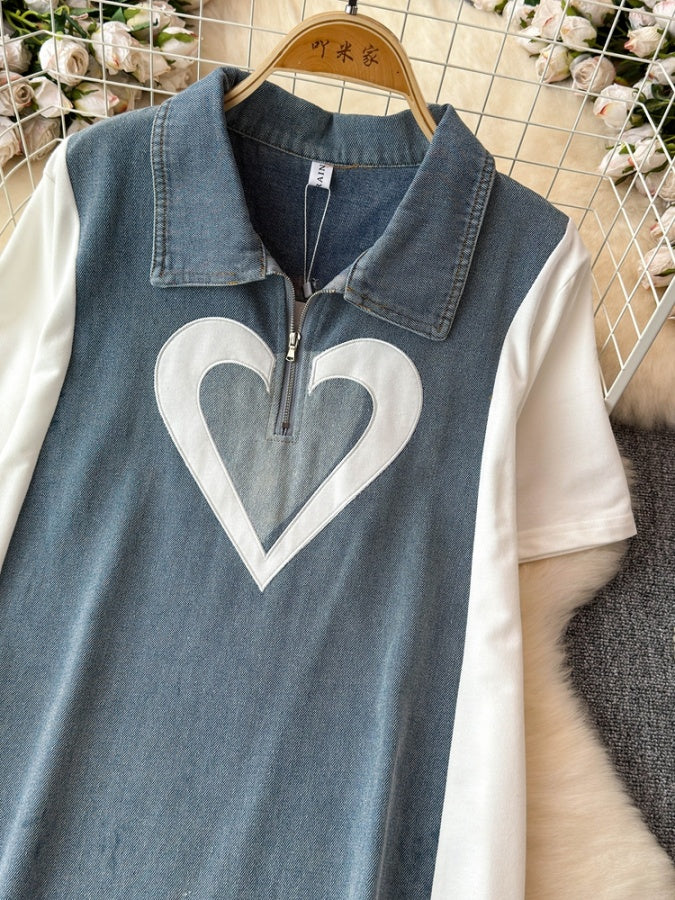 Bicolor Heart Denim Dress X2770