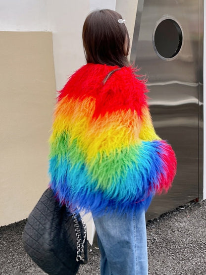 Colorful rainbow color volume silhouette long sleeve fur short jacket X2856