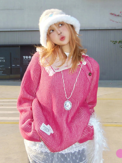 Pink Stripe Ruffle Rong Sweater　X2990