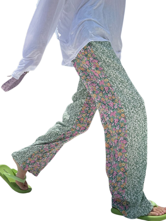 Bicolor Floral Stitch Casual Straight Pants X2235 