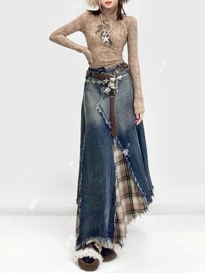 Cut-off combination denim skirt　X2989