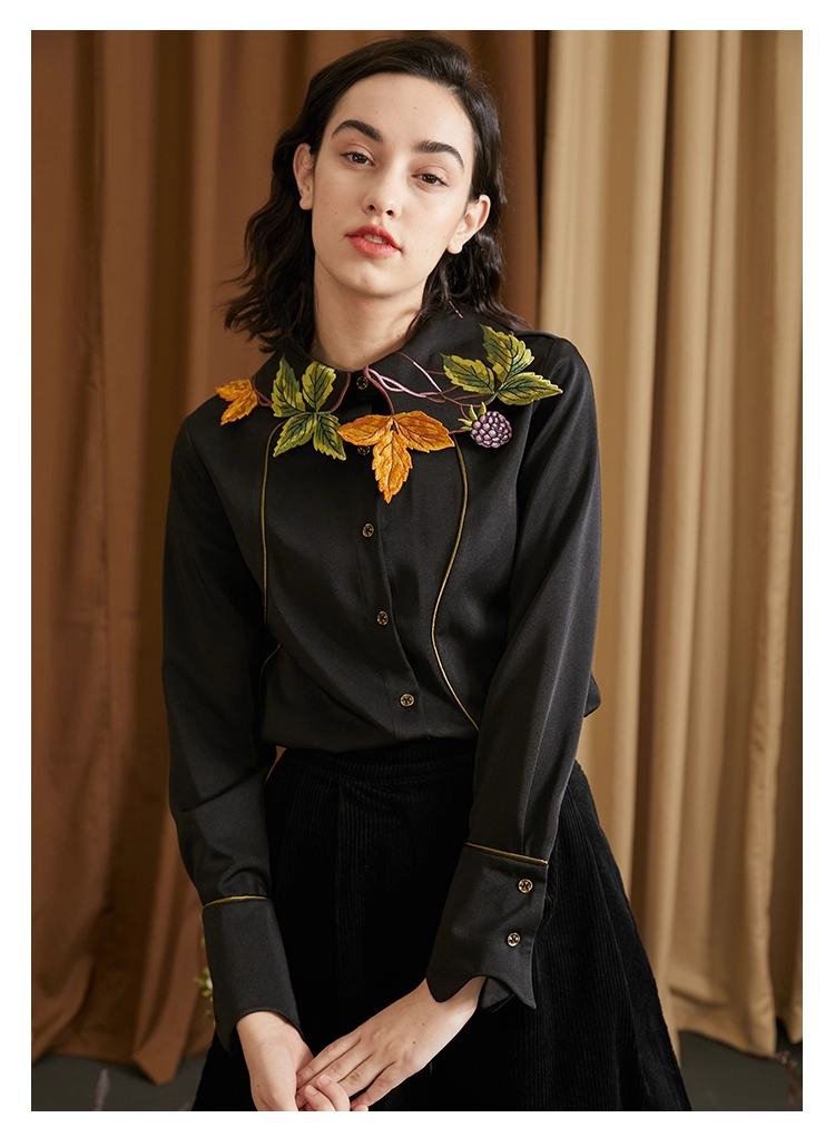 Leaf & Berry Embroidered Glossy Shirt　X3444
