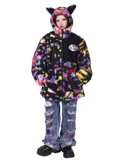 Colorful boa fleece parka jacket X2615