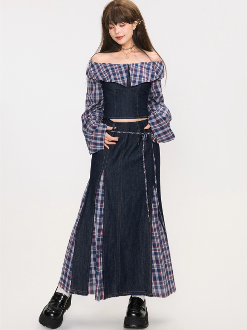 Denim Patchwork Off-Shoulder Top / Skirt　X3372
