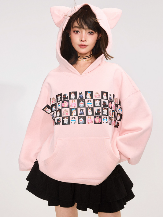 Cute Cat Print Sweet Pink Oversized Hoodie X3370