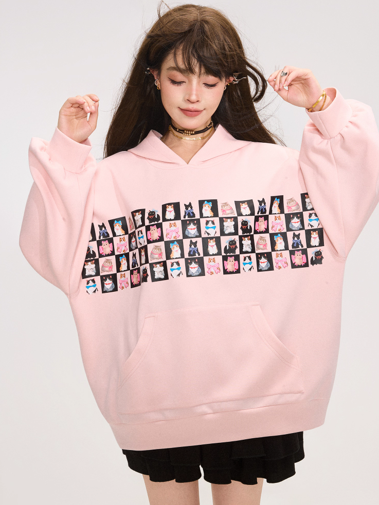 Cute Cat Print Sweet Pink Oversized Hoodie X3370