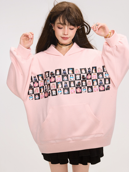 Cute Cat Print Sweet Pink Oversized Hoodie X3370