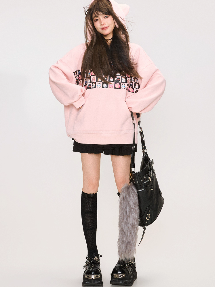 Cute Cat Print Sweet Pink Oversized Hoodie X3370