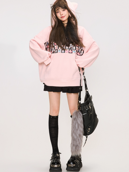 Cute Cat Print Sweet Pink Oversized Hoodie X3370