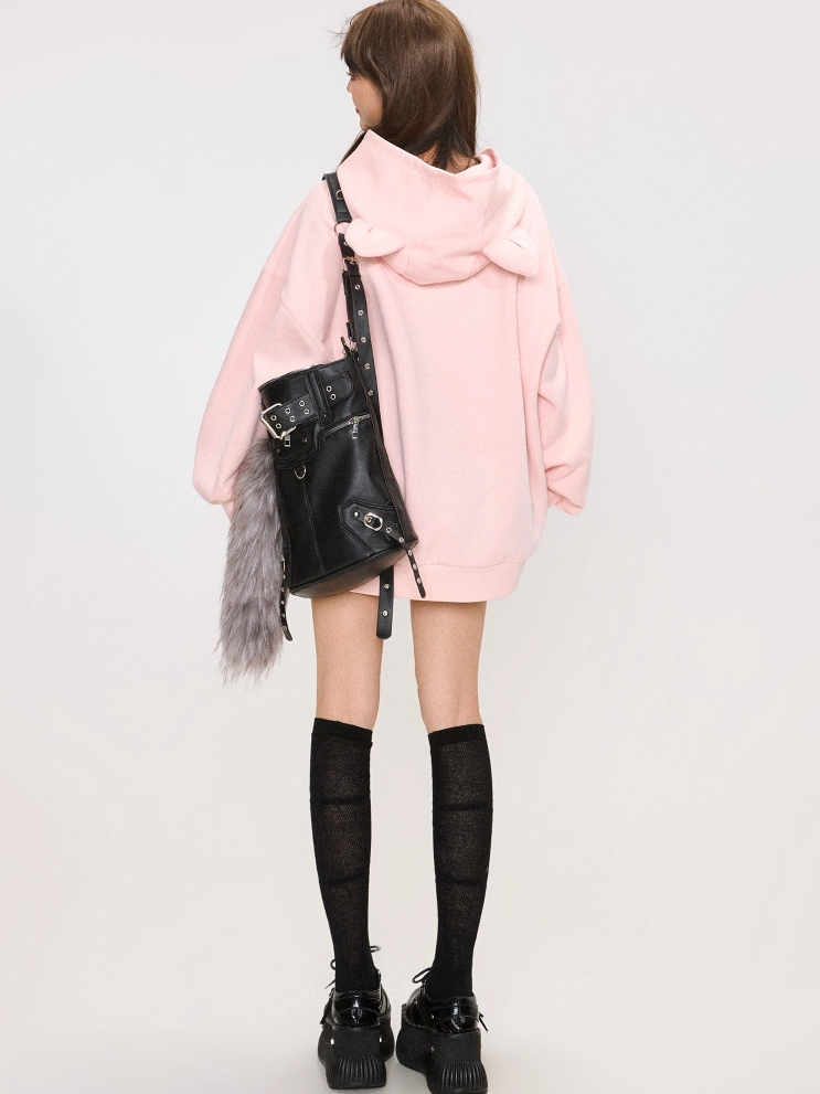 Cute Cat Print Sweet Pink Oversized Hoodie X3370