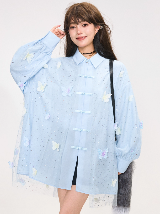 Butterfly Embroidery Elegant New Chinese Style Sheer Panel Blouse　X3371